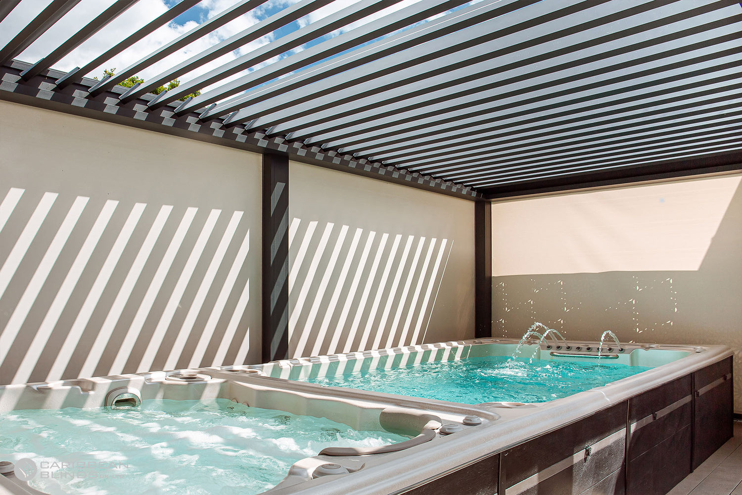Hot tub with striped awning and wall shadows