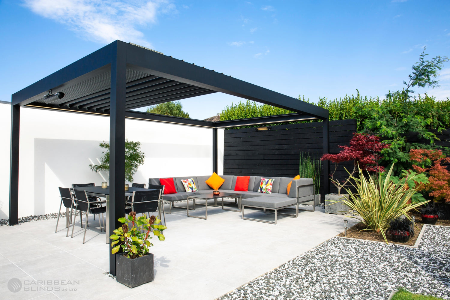 Outdoor patio with pergola, furniture, and plants on a sunny day.